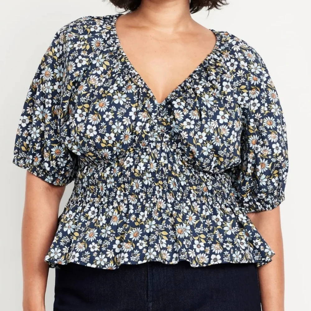 Old‎ Navy Smocked Vneck Peplum Peasant Blue Floral Puff Sleeve Boho SzXL